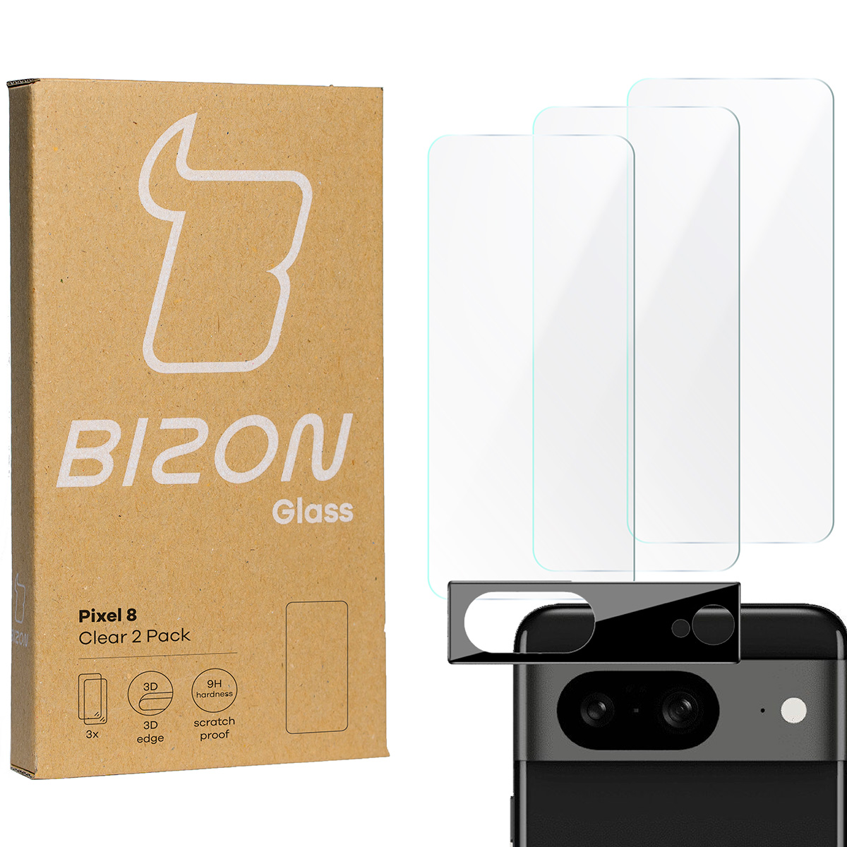 Szkło hartowane Bizon Glass Clear - 3 szt. + obiektyw, Pixel 8